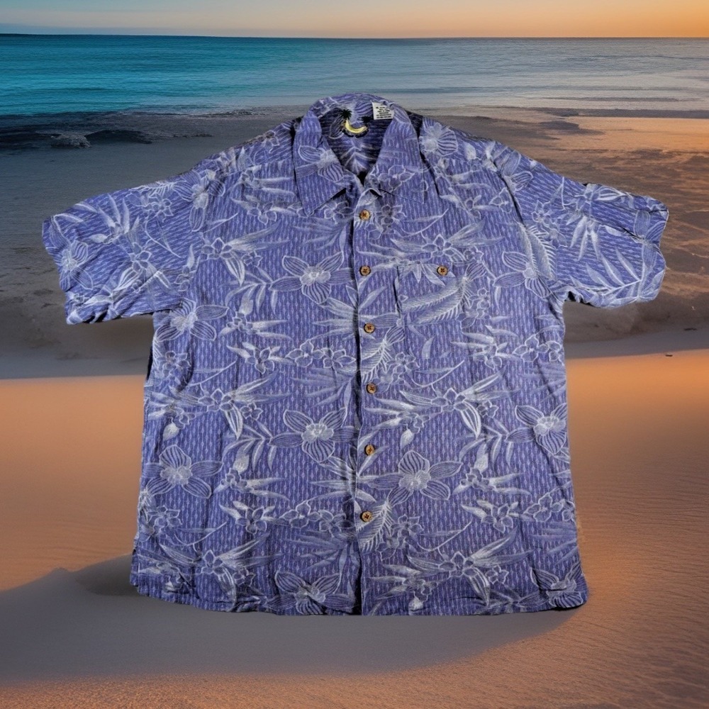 BANANA CABANA Mens XL Blue 100% Silk Hawaiian All Over Print Short Sleeve Shirt